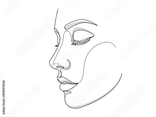 Line drawing of a womans face profile with closed eyes and lips