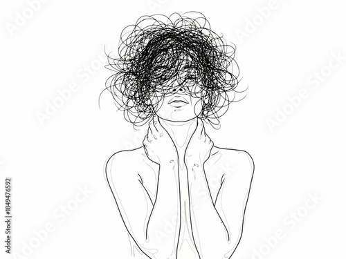 Black and white sketch of a person with curly hair covering their face with their hands