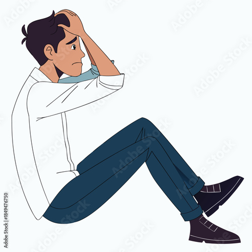 Sitting Man in White Sweatshirt and Blue Jeans Holding Head in Thought
