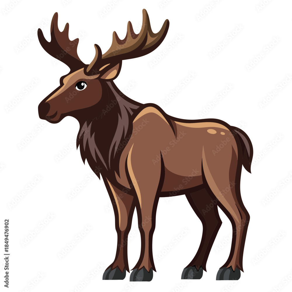 Fototapeta premium Cartoon moose with large antlers and brown fur standing proudly on transparent background
