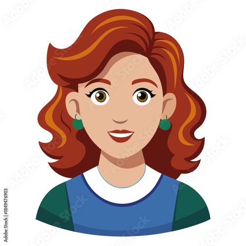 Cartoon illustration of a smiling woman with red hair and green earrings on transparent background