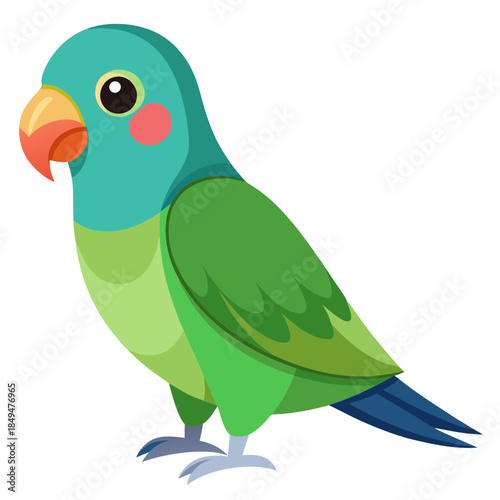 Colorful green parrot with blue head and orange beak standing on transparent background