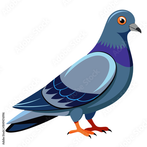 Vibrant cartoon pigeon with purple neck and orange feet standing proudly on transparent background