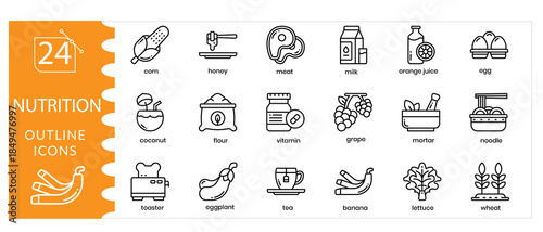 Nutrition Icon Set. Healthy Food and Nutrition Line Icons Including Balanced Diet, Vitamins, Minerals,  Meal Planning, Wellness, Fitness, Diet Analysis and Lifestyle Health. Editable Stroke.