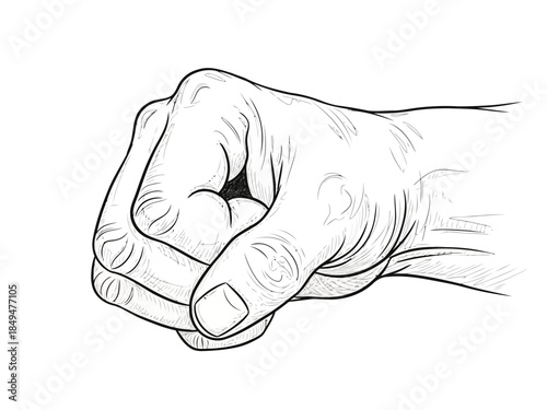 Black and white sketch of a clenched fist with a star drawn on the palm