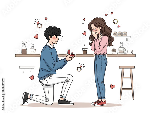 Young man kneeling on one knee proposing to his girlfriend with a ring