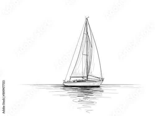 Sailboat with sails raised on calm water with gentle ripples