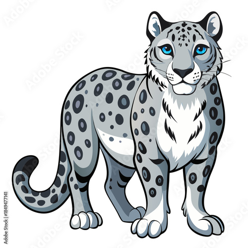 Snow leopard with blue eyes and white fur standing proudly on transparent background
