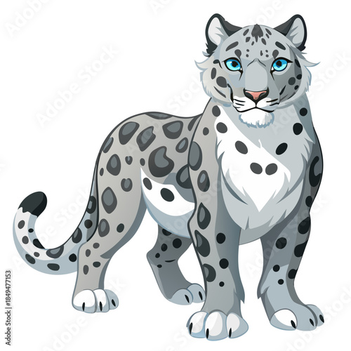 Cartoon Snow Leopard with Blue Eyes and Spotted Fur on transparent background