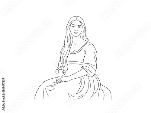 Beautiful young woman with long hair wearing a dress sitting on a chair