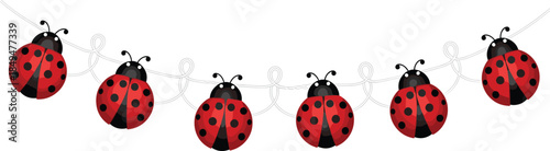 Cute ladybug garland illustration, hanging red beetle decorations, playful insect banner, spring garden theme, cartoon vector design
