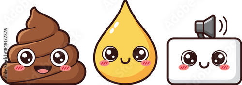 Cute kawaii cartoon icons set, smiling poop emoji, oil drop character, wireless router mascot, adorable vector illustration, playful digital design