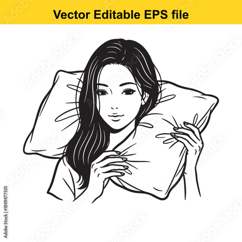  vector illustration of a woman holding a pillow in a simple line drawing style