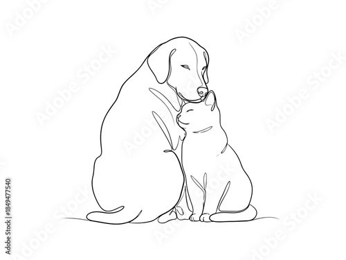 Two dogs sitting together in a loving embrace, black and white line drawing of a puppy and adult dog