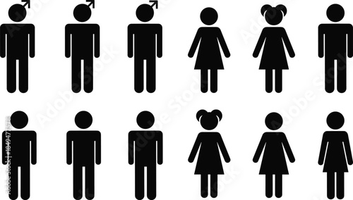 Male and female restroom people icons illustration, human gender symbols set, bathroom signage pictogram, black silhouette vector design