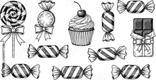 Hand drawn candy and dessert illustration set, vintage sweets collection with cupcake chocolate lollipop, black white sketch vector