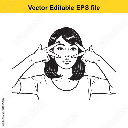  vector illustration of a woman making a peace sign gesture with her hands isolated on white background