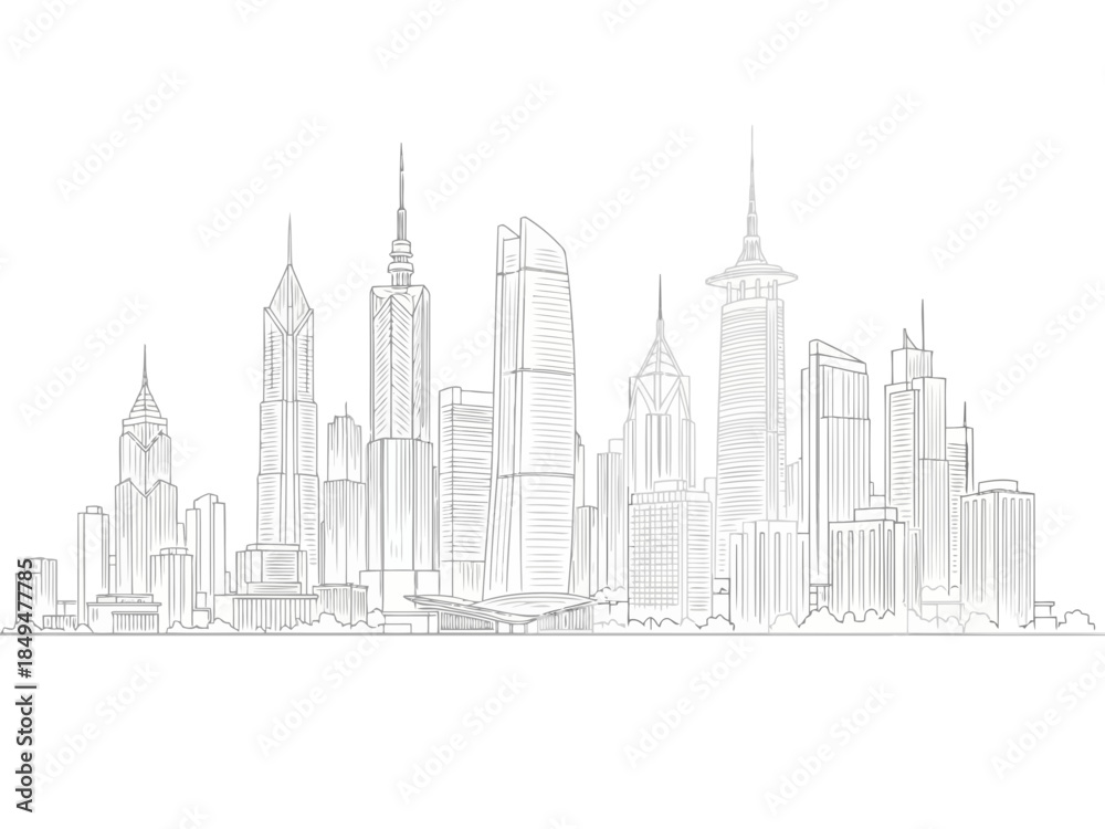 Naklejka premium Skyline of modern city buildings with skyscrapers and towers in a minimalist line art style