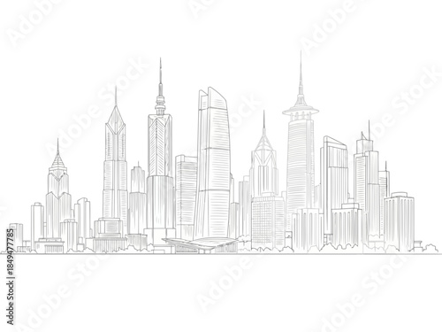 Skyline of modern city buildings with skyscrapers and towers in a minimalist line art style