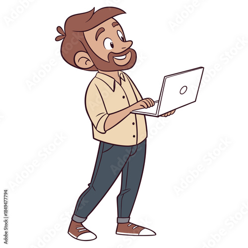 Happy man with laptop cartoon illustration smiling bearded character using laptop casual attire isolated on white background