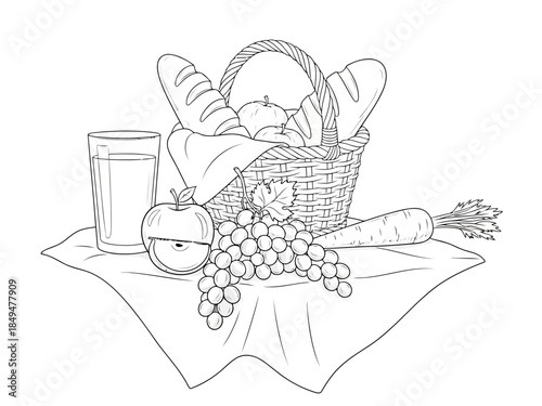 A basket of fresh fruits and vegetables on a table with a jar of honey and a loaf of bread