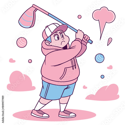 Cartoon character playing golf in a whimsical setting swinging a large club with a determined expression