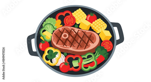 An appetizing grilled steak meal served in a black pan, surrounded by a vibrant mix of colorful bell peppers, corn, tomatoes, and broccoli.