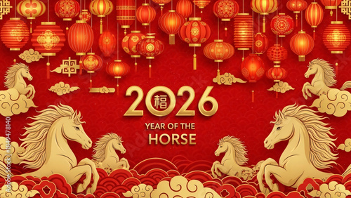 chinese new year 2026 celebration banner, red patterned background, golden horse elements, “2026” positioned at the top center