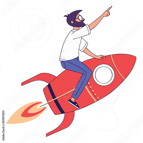 Illustration of a person riding a red rocket ship pointing forward symbolizing innovation and progress