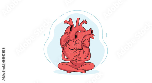 Cute cartoon character of a human heart meditating in a yoga lotus pose, representing heart health, wellness, and stress relief.