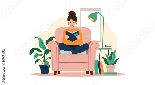 Cozy illustration of a young woman relaxing in a comfortable pink armchair at home, deeply engrossed in reading a good book.