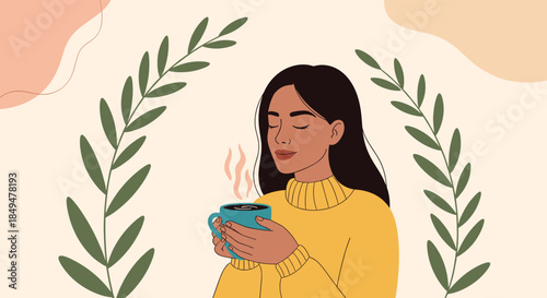 Serene illustration of a young woman with eyes closed, enjoying a peaceful moment while holding a steaming mug of coffee or tea.
