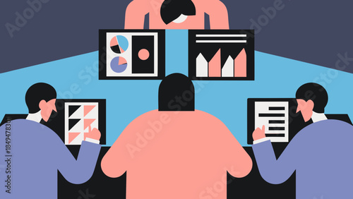 People analyzing data charts and documents on computer screens in a meeting room setting on transparent background silhouette