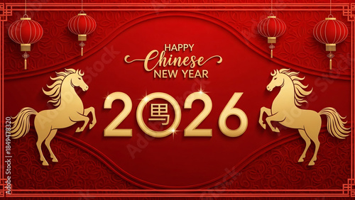 chinese new year 2026 banner design, red background with traditional chinese pattern, golden horse silhouettes facing each other, luxurious gold typography