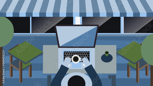 Person working on laptop with coffee at outdoor cafe under a striped awning in the evening light on transparent background silhouette