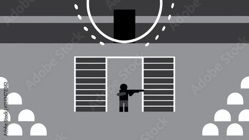 A stick figure holding a rifle stands between two doors with a target above him in grayscale art on transparent background silhouette