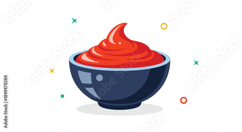 Cartoon illustration of a dark blue bowl filled with a swirl of shiny red tomato ketchup or sauce, with colorful sparkles.