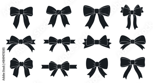 Large collection of twelve black gift bow silhouettes, featuring various classic and decorative ribbon shapes for design projects.