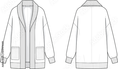 Shawl collar cardigan technical flat sketch, front and back view, ribbed trim pockets detail, long sleeve outerwear, fashion CAD vector illustration