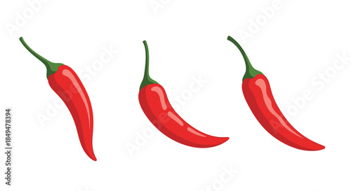 Set of three realistic red hot chili peppers, illustrated from various angles to show their shape, isolated on white.