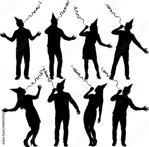 People with Party Blowers Silhouette Set
