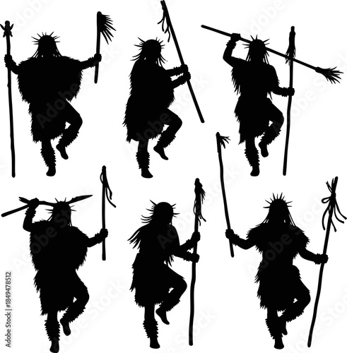 Tribal Warriors with Spears Silhouette Set