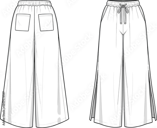 Wide leg drawstring pants technical flat sketch, front and back view, elastic waistband detail, relaxed trousers, fashion CAD vector illustration