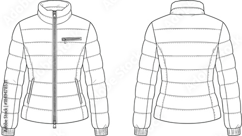 Puffer jacket technical flat sketch, front and back view, quilted winter outerwear, zip closure, stand collar, fashion CAD vector illustration