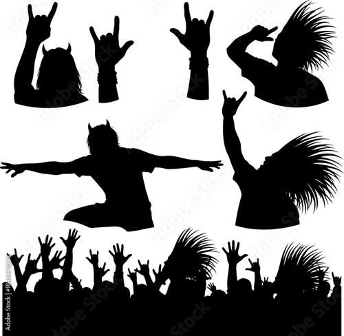 Rock Concert Fans and Heavy Metal Silhouette Set