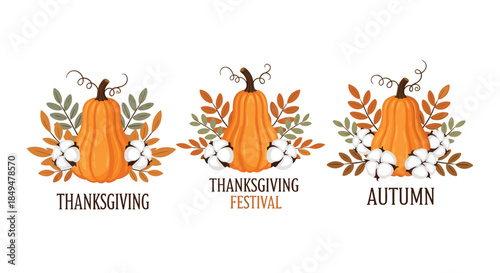 Set of three rustic Thanksgiving and autumn festival designs, each featuring an orange pumpkin, cotton flowers, and fall leaves.