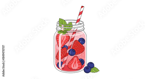 Refreshing summer smoothie in a glass mason jar, filled with strawberries, blueberries, mint, and a red striped straw.