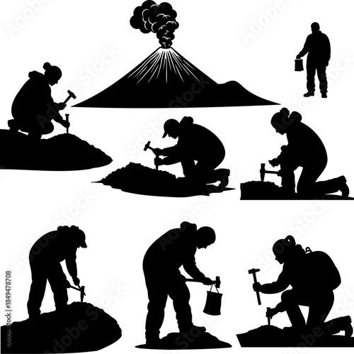 Geologists Working Near Volcano Silhouette