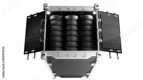 Low angle view of towering stack of high performance car tires inside carbon fiber container created by 3D render.