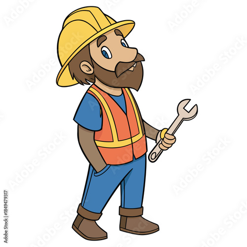 Construction worker holding a wrench wearing a hard hat and safety vest ready for work